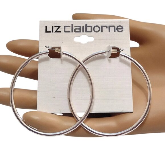 Liz Claiborne Big 2 1/8" Tube Hoops Pierced Stud Earrings Silver Tone - Picture 5 of 7